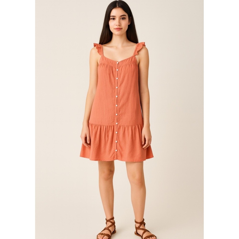 Universal Thread Womens 2X Burnt Orange Cotton Ruffle Button Front Mini Dress